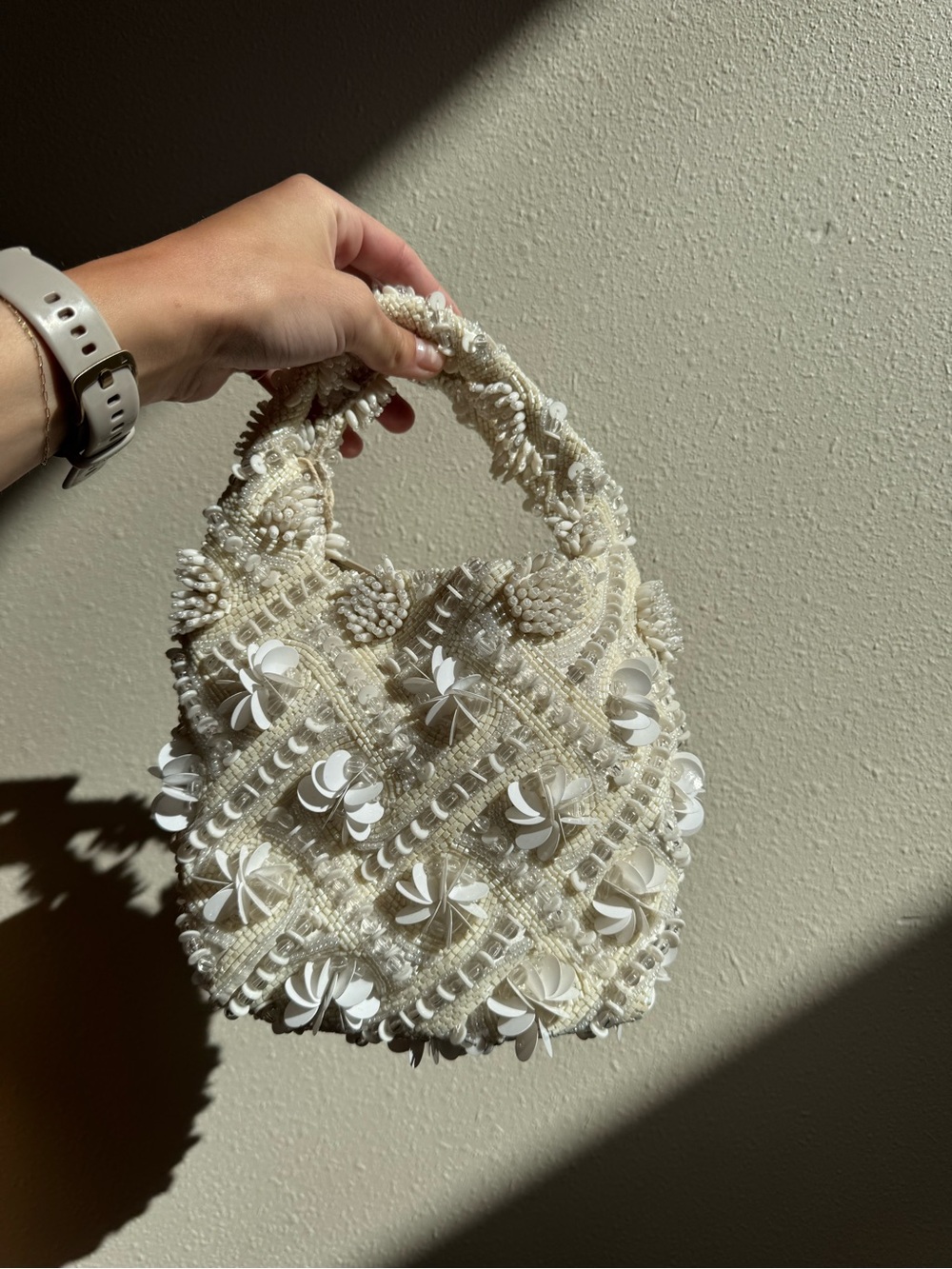Handmade Beaded White Floral Bag